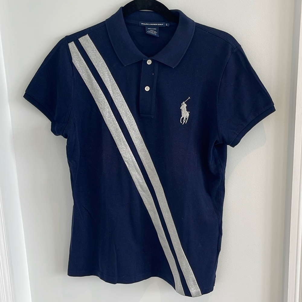 Ralph Lauren Golf Navy Polo with Silver Stripes Size Large